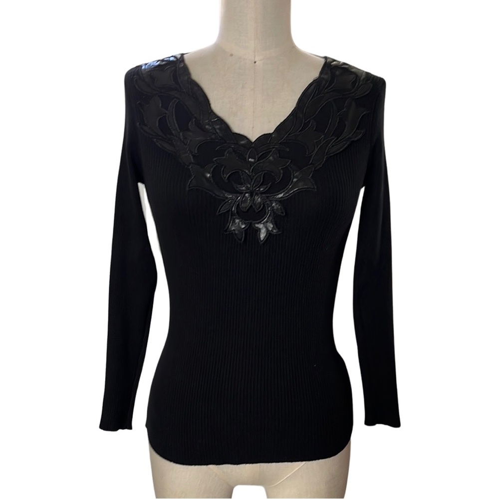 Black Embellished Knit Fitted Long Sleeve Blouse